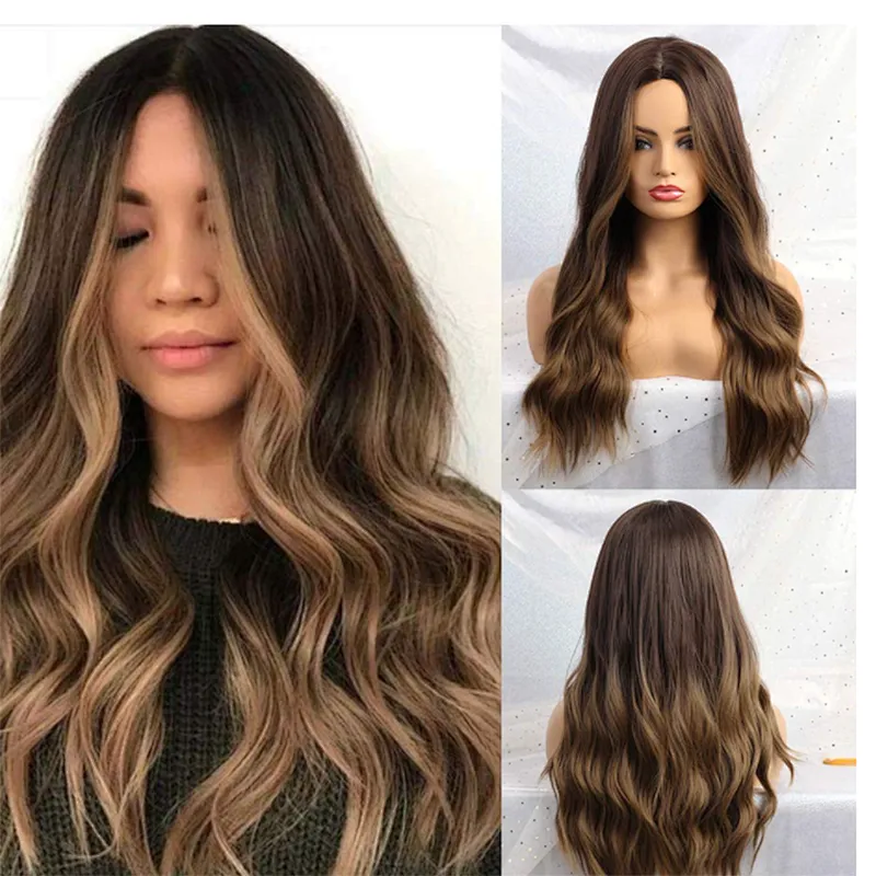 Longzhao Cheap Long Wavy Ombre Brown Dark Root Wig Heat Resistants Synthetic Fiber Body Wave Hair Wigs For Black White Women