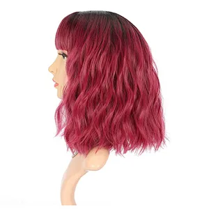 Synthetic Natural Looking Short Bob Wigs Wine Red Curly Wavy Short Hair Wigs Cosplay Bob Wigs With Bangs For Women