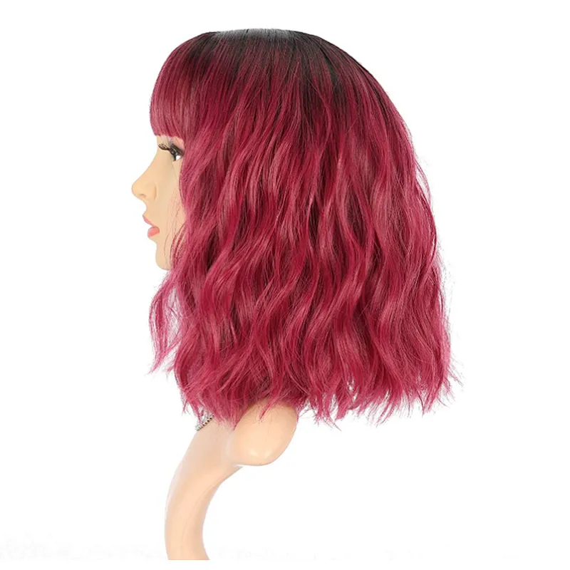 Synthetic Natural Looking Short Bob Wigs Wine Red Curly Wavy Short Hair Wigs Cosplay Bob Wigs With Bangs For Women