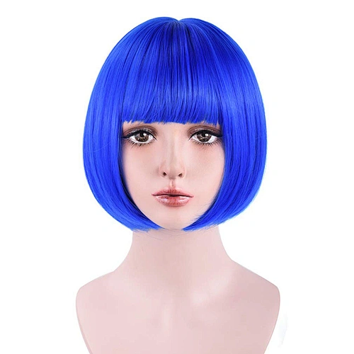 Longzhao Heat Resistant Synthetic Fiber Blue Cosplay Short Bob Wigs With Neat Bangs for American Africans