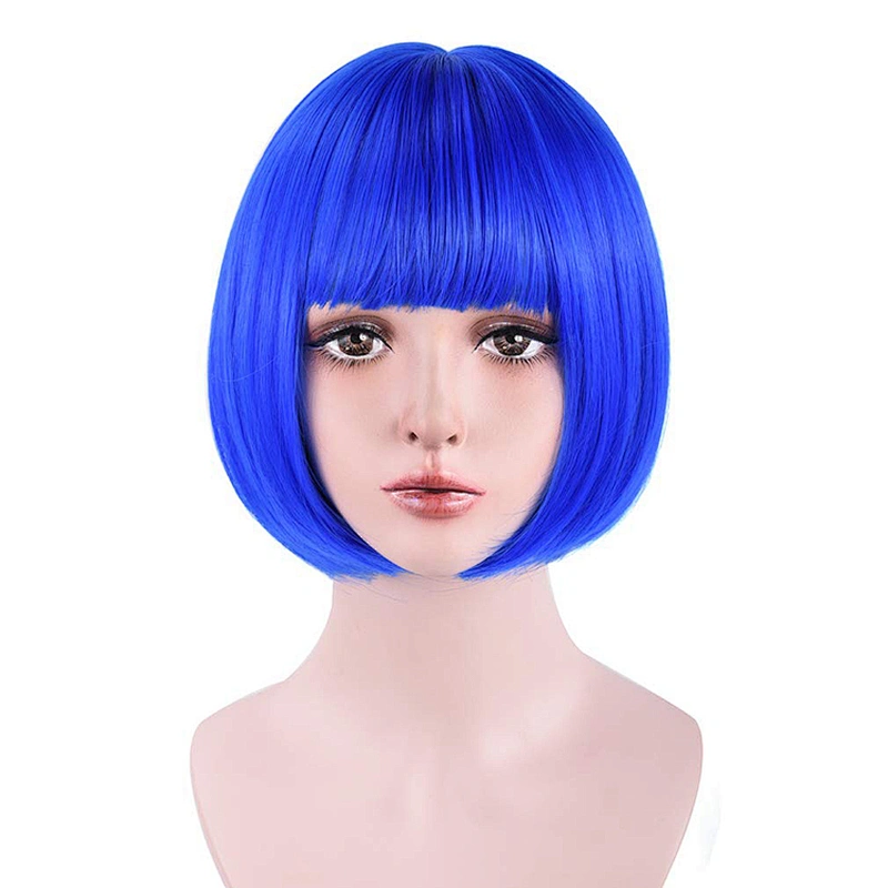 Longzhao Heat Resistant Synthetic Fiber Blue Cosplay Short Bob Wigs With Neat Bangs for American Africans