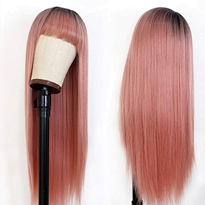 Longzhao Cheap Synthetic Long Straight Ombre Pink Color Wig Cosplay Hair Wigs With Neat Bangs For Black Women