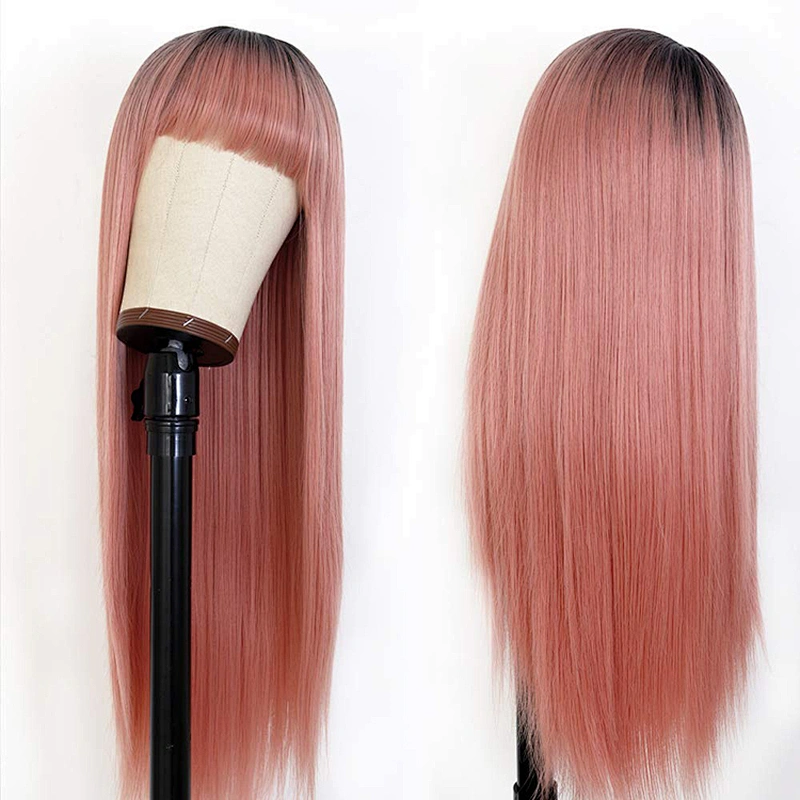 Longzhao Cheap Synthetic Long Straight Ombre Pink Color Wig Cosplay Hair Wigs With Neat Bangs For Black Women