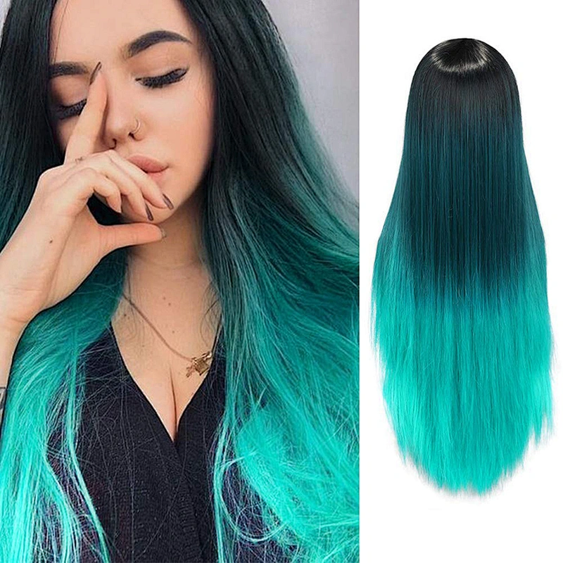 Longzhao Synthetic Long Wavy Lake Blue Wig for Woman Cosplay Wig Grey Green Blue Heat Resistant Fiber Wigs