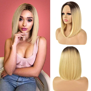 Longzhao Afro Ombre Blonde Bob Wigs Synthetic Short Straight Bob Wigs For Black Women Heat Resistant Fiber