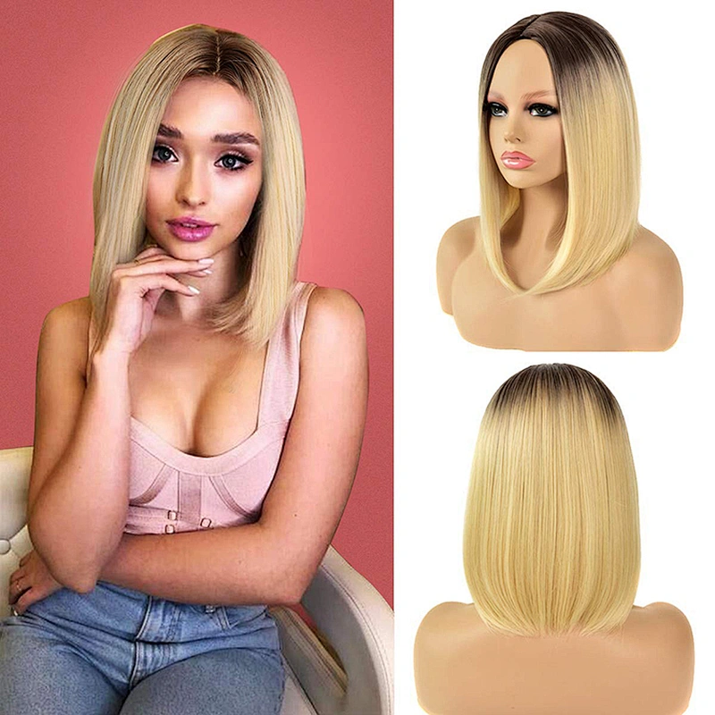 Longzhao Afro Ombre Blonde Bob Wigs Synthetic Short Straight Bob Wigs For Black Women Heat Resistant Fiber