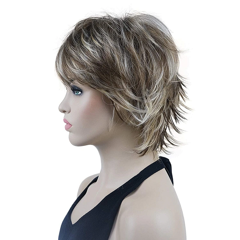 Longzhao  Wholesale Price Short Black Hair  Wigs With Ombre Brown Bangs Synthetic Pixie Cut Wigs for Women