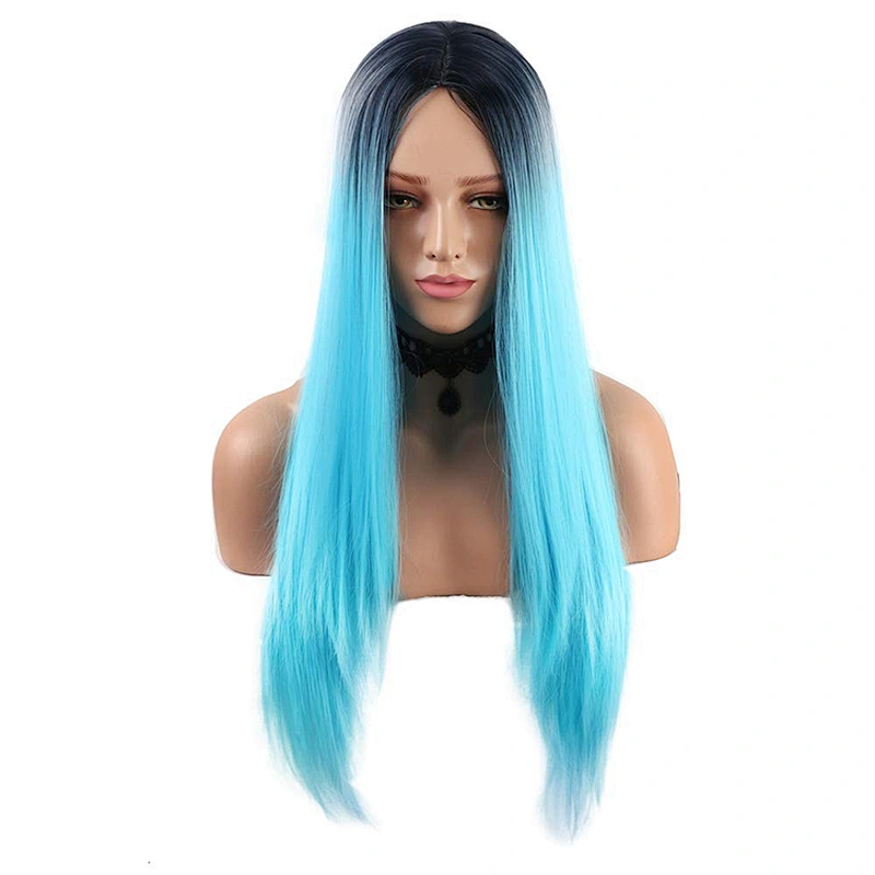 Longzhao Cosplay Long Straight Wig Ombre Blue Wigs For Black Women Synthetic Glueless Wigs Heat Resistant Fiber