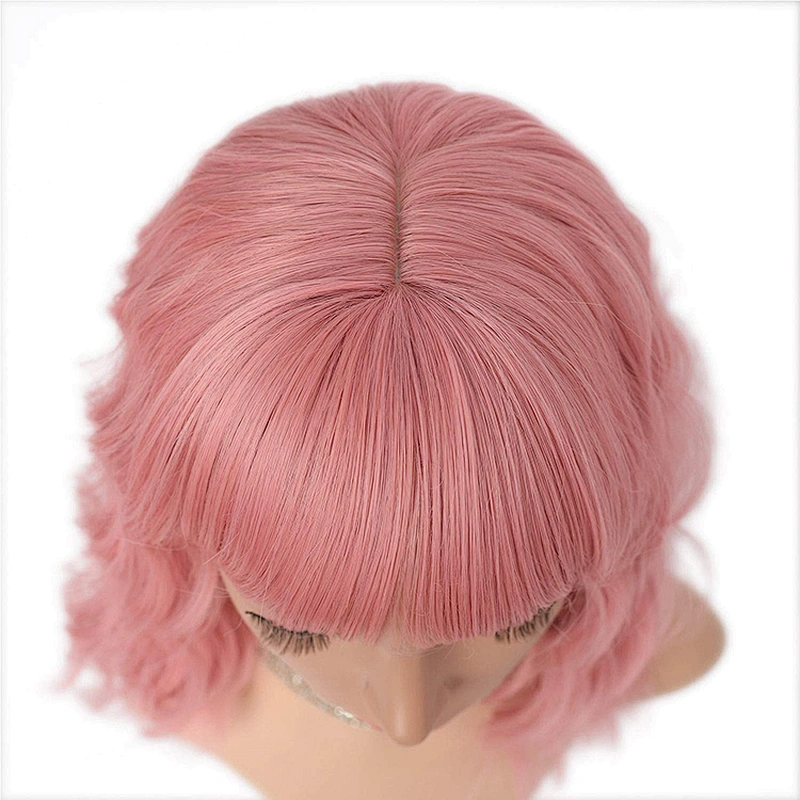 Longzhao Pink Natural Water Wave Short Bob Synthetic Wigs Shoulder Length Air Bangs for Women Curly Cosplay Hair Wig