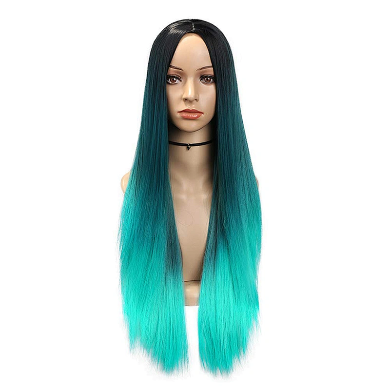 Longzhao Synthetic Long Wavy Lake Blue Wig for Woman Cosplay Wig Grey Green Blue Heat Resistant Fiber Wigs