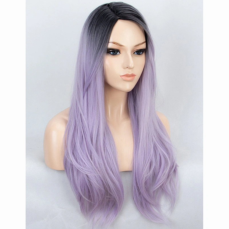 Longzhao Hot Selling Ombre Black Grey Purple Color Hair Wigs Cheap Afro Silky Straight Long Wave Synthetic Wigs For Black Women