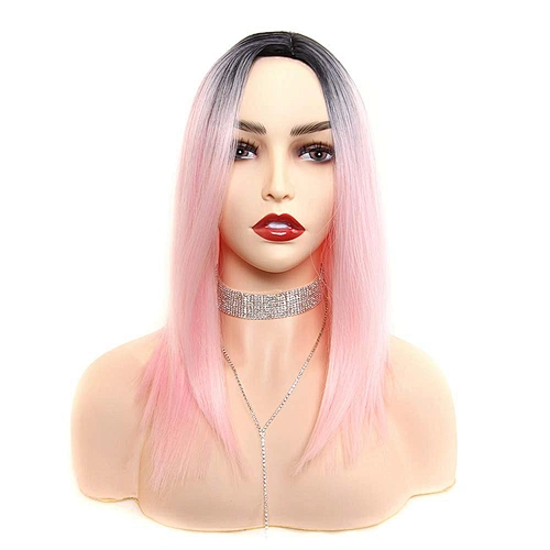 Longzhao Ombre Pink Synthetic Middle Part Straight Bob Hair Wigs Silk Straight Bob Wigs For Women Cosplay Wigs