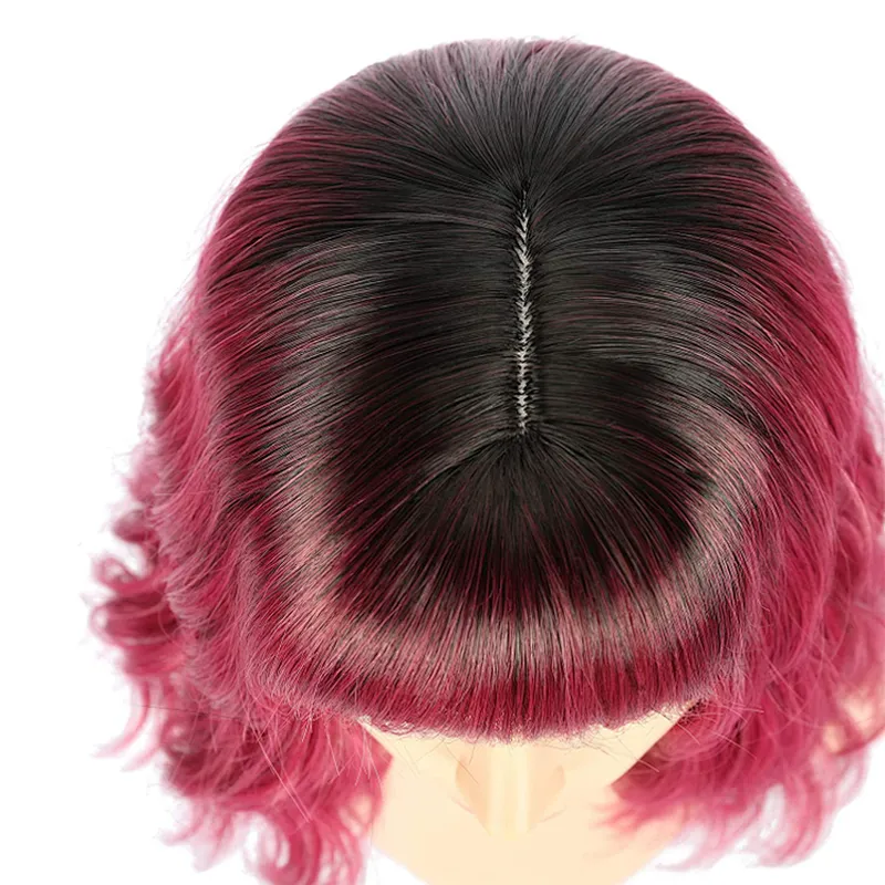 Synthetic Natural Looking Short Bob Wigs Wine Red Curly Wavy Short Hair Wigs Cosplay Bob Wigs With Bangs For Women