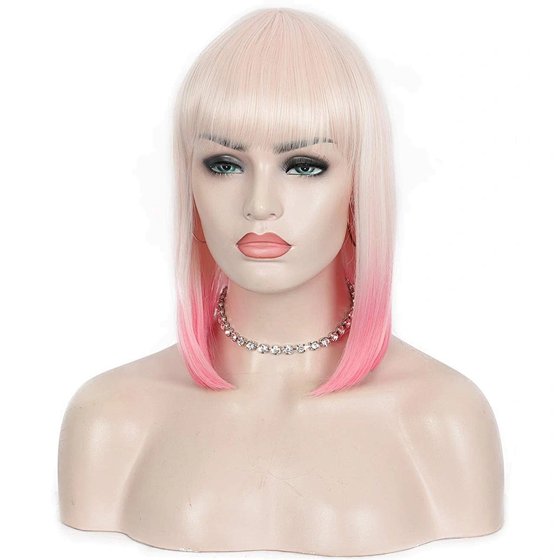 Longzhao High Temperature Fiber Straight Short Bob Wigs Ombre Pink Short Bob Wigs with Neat Bangs Cosplay Short Bob Wigs