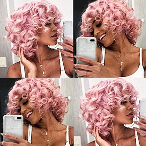 Longzhao Short Kinky Fluffy  Ombre Pink Wig Heat Resistant Synthetic Fiber Afro Curly Wigs For Black Women Cosplay Party Wigs