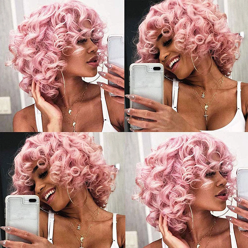 Longzhao Short Kinky Fluffy  Ombre Pink Wig Heat Resistant Synthetic Fiber Afro Curly Wigs For Black Women Cosplay Party Wigs