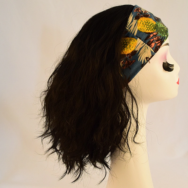 wholesale Short Afro Mixed Brown Curly Wigs with HeadWrap Headband Wig 2 in 1 None Lace Front Wigs with Turban for black Women