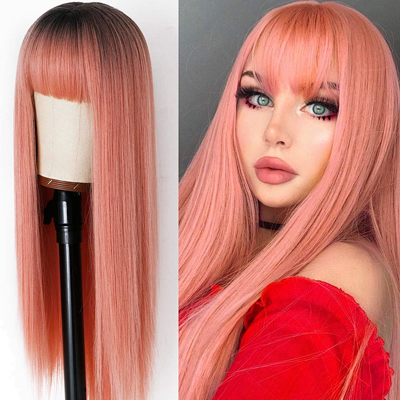 Longzhao Hot Selling Synthetic Ombre Pink Wig With Neat Bangs Long Straight Cosplay Wigs For Black Women Heat Resistant Fiber