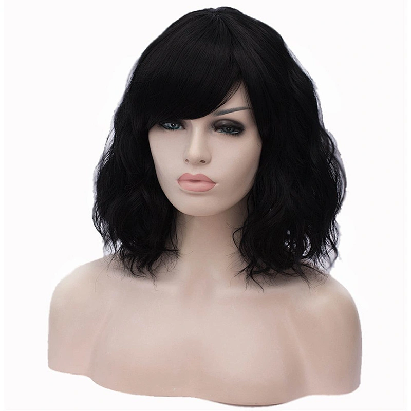 Longzhao Popular Vendor Cheap Wholesale Curly Loose Wave Short Bob Black Wig With Bangs For Black Women Synthetic Hair Wigs