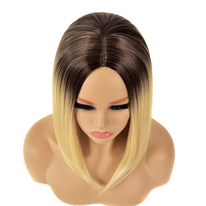 Longzhao Best Selling Short Wavy Bob Wigs For Black Women Body Wave Ombre Brown Synthetic Bob Wigs With Neat Bangs