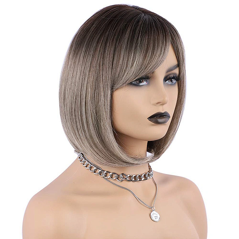 Longzhao  Synthetic Short Straight Bob Wig Ombre Grey Wig With Dark Roots Heat Resistant Bob Wigs For African American Women