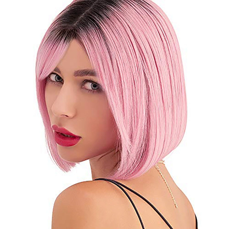 Longzhao Natural Wave Pink Bob Hair Wigs Heat Resistant Synthetic Fiber Bob Wigs With Bangs Cosplay Short Wigs