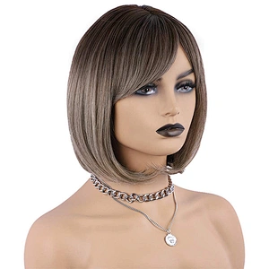Longzhao  Synthetic Short Straight Bob Wig Ombre Grey Wig With Dark Roots Heat Resistant Bob Wigs For African American Women