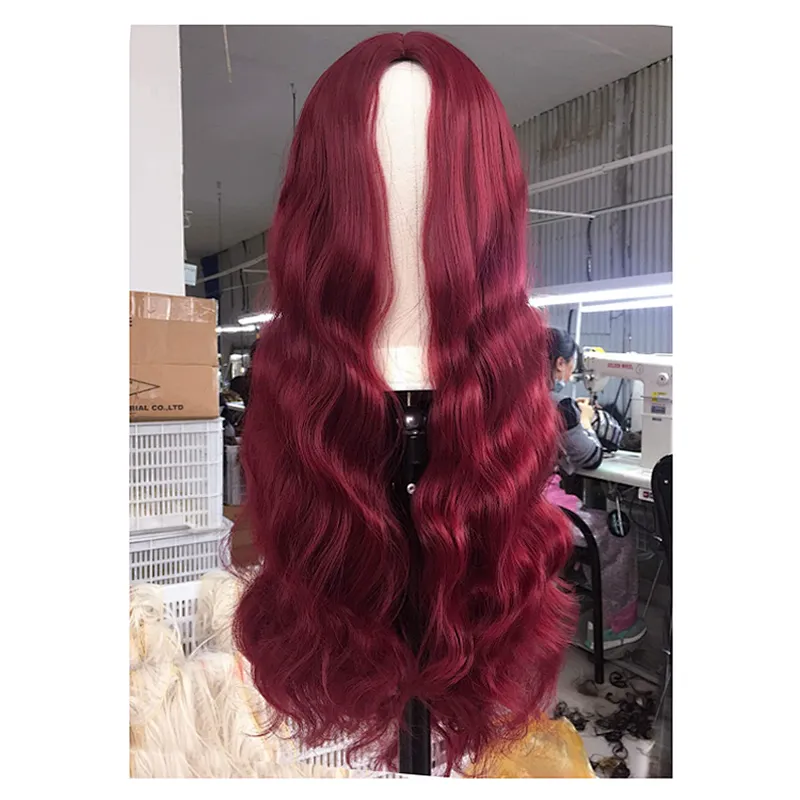 Longzhao High Quality Long Wavy Middle Part Synthetic Fiber Wigs For Black White Women Long Red Body Wave Synthetic Wigs
