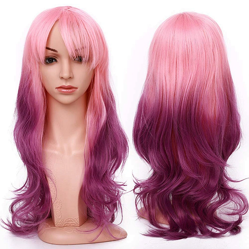 Longzhao Factory Price Cosplay Ombre Blonde Pink Purple Three Colors Wig Synthetic Glueless Long Wave Lace Front Wigs For Women