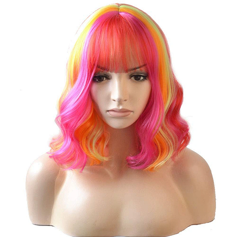 Longzhao Pink Natural Water Wave Short Bob Synthetic Wigs Shoulder Length Air Bangs for Women Curly Cosplay Hair Wig