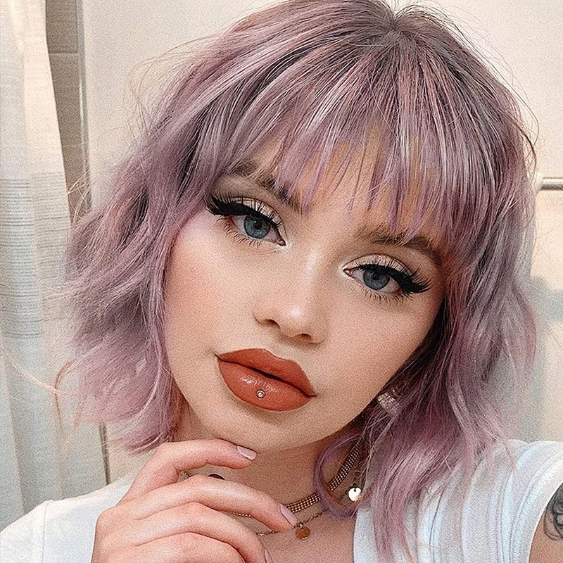 Longzhao Wholesale Price Short Wave Hair Wigs Pink Bob Wig With Neat Bang Synthetic Cosplay Bob Wigs