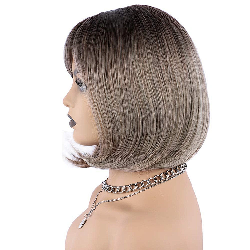 Longzhao  Synthetic Short Straight Bob Wig Ombre Grey Wig With Dark Roots Heat Resistant Bob Wigs For African American Women