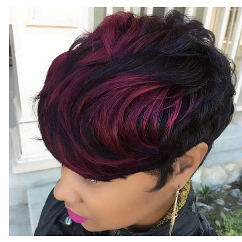Longzhao The Best Selling Synthetic Short Style Hair With Red Bangs Wigs For Women Straight Pixie Cut Wigs Heat Resistant Fiber