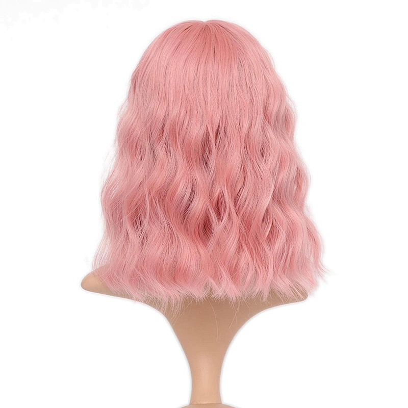 Longzhao Pink Natural Water Wave Short Bob Synthetic Wigs Shoulder Length Air Bangs for Women Curly Cosplay Hair Wig