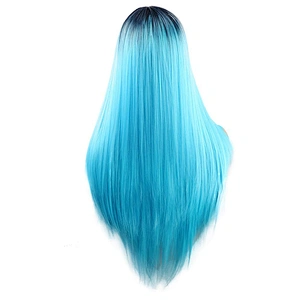 Longzhao Cosplay Long Straight Wig Ombre Blue Wigs For Black Women Synthetic Glueless Wigs Heat Resistant Fiber