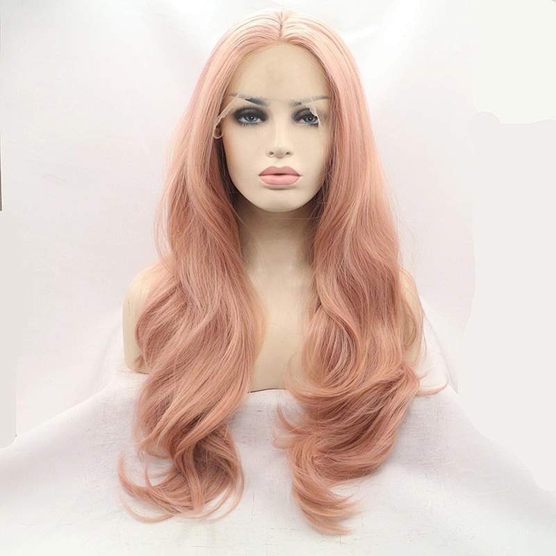 Longzhao New Arrival Middle Part Pink Lace Front Long Wavy Wigs Synthetic Natural Wave Long Wave Hair Wigs