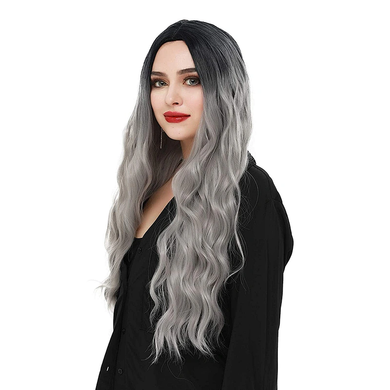 Longzhao Cheap Price Long Curly Wave Ombre Grey Wigs Synthetic Cosplay Wigs For Black Women Heat Resistant Fiber
