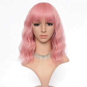 Longzhao Pink Natural Water Wave Short Bob Synthetic Wigs Shoulder Length Air Bangs for Women Curly Cosplay Hair Wig