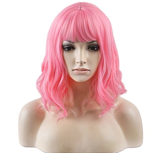Longzhao Vendor Cosplay Cheap Wholesale Heat Resistant Water Wave Pink Wig With Bangs For Black Women Synthetic Hair Wigs
