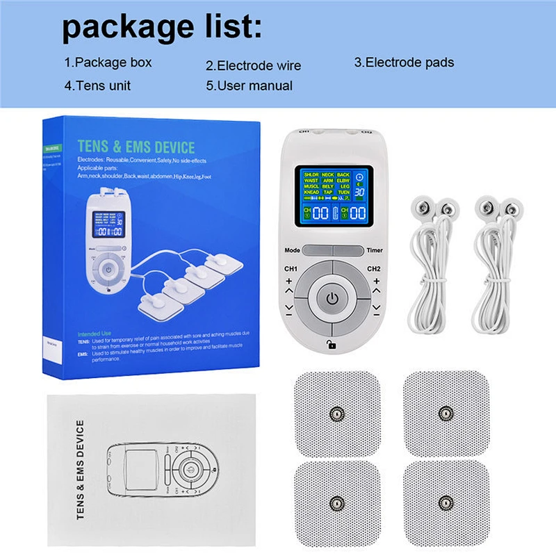 Wollet Tens Unit Machine Pulse Massage 12 Massage Modes 20 levels Rechargeable Pain Relief Muscle Stimulator Massager with 4 Pad