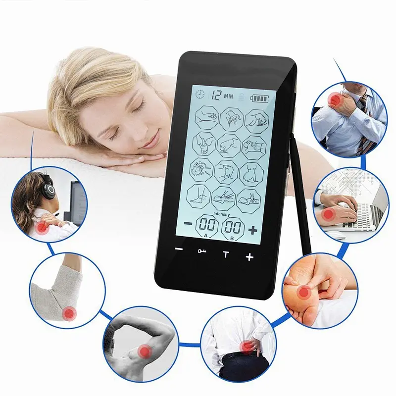 Wollet Tens Unit Machine Pulse Massage 12 Massage Modes Rechargeable Pain Relief Muscle Stimulator Massager with 4 Pads