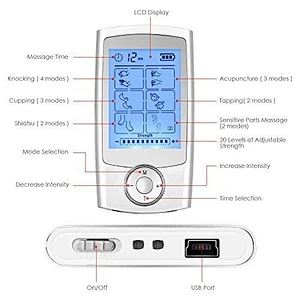 Wollet Tens Unit Machine Pulse Massage 16 Massage Modes Rechargeable Pain Relief Muscle Stimulator Massager with 4 Pads