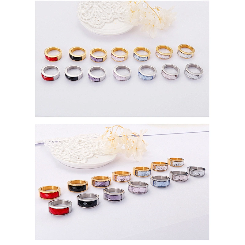 Wollet Classic Retro Multicolor Wedding Ring Crystal Glass Stainless Steel Ring