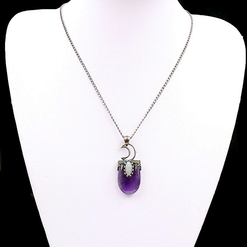 Wollet Vintage Natural Glitter Stone Moon Amethyst Pendant Necklace