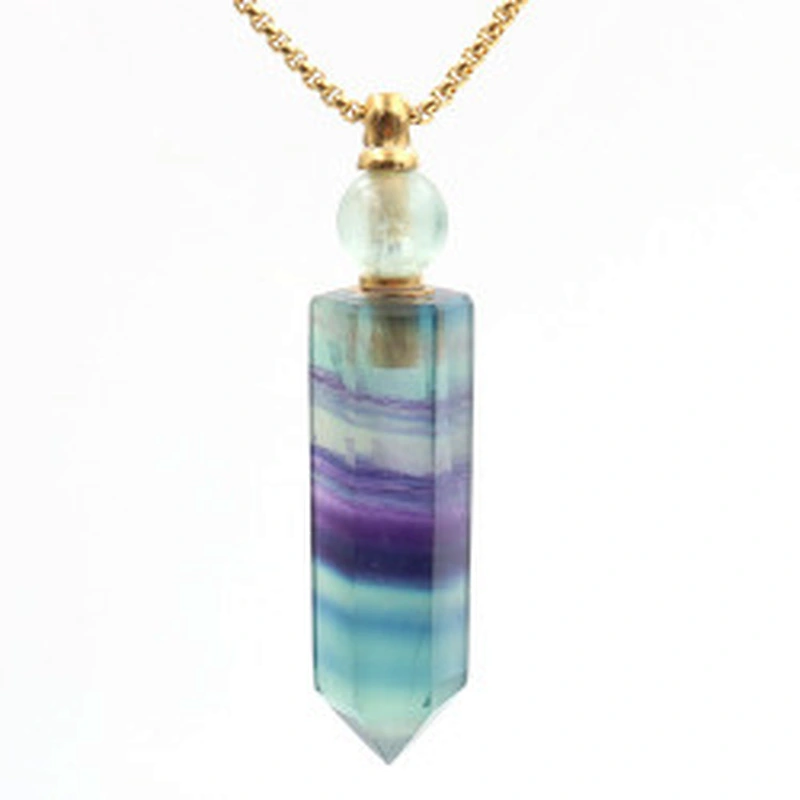 Wollet Natural Color Fluorite Hexagonal Pillar Essential Oil Perfume Bottle Pendant Necklace