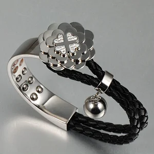 Wollet Rose Gold IPG Clovers Jewelry stainless steel leather women bangle