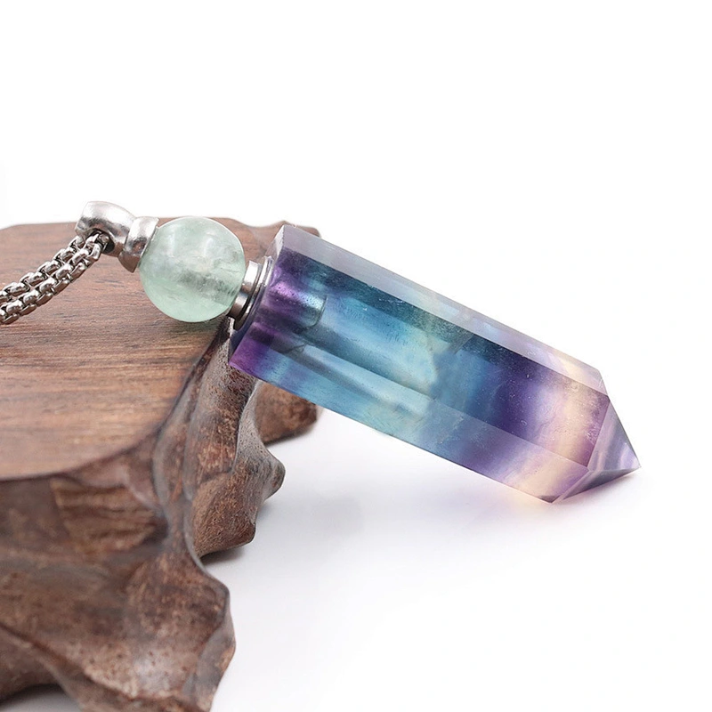 Wollet Natural Color Fluorite Hexagonal Pillar Essential Oil Perfume Bottle Pendant Necklace