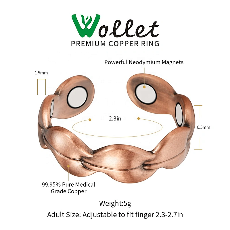 Wollet Magnetic Copper Ring Arthritis Women Pure Copper Rings for Women Adjustable Health with 3PCS Magnets
