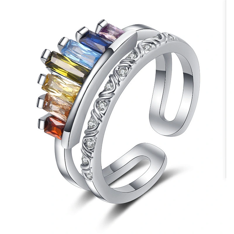Wollet New Fashionable Open Zircon Rainbow Crown Adjustable Copper Ring