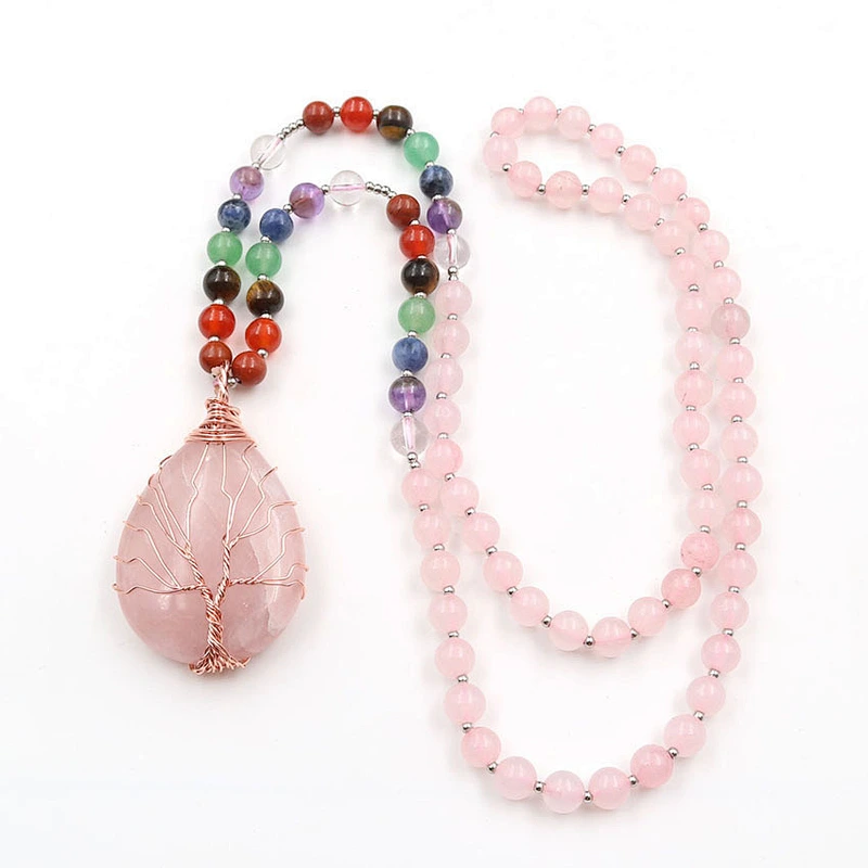 Wollet Natural Pink Crystal Rose Gold Winding Water Drops Tree of Life Pendant